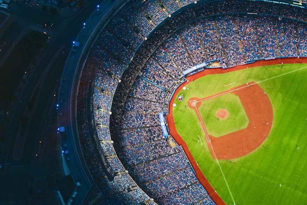 Aerial view of the Toronto Blue Jays stadium during game play.