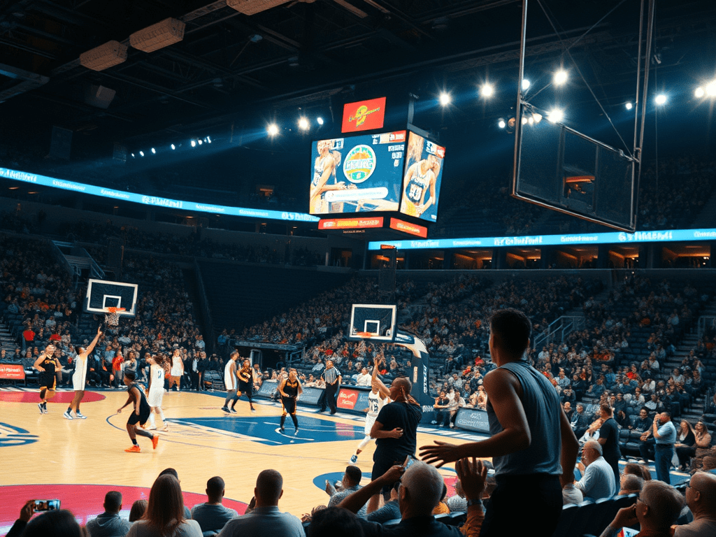 An AI-generated scene, showing basketball players on a court in a darkened stadium.