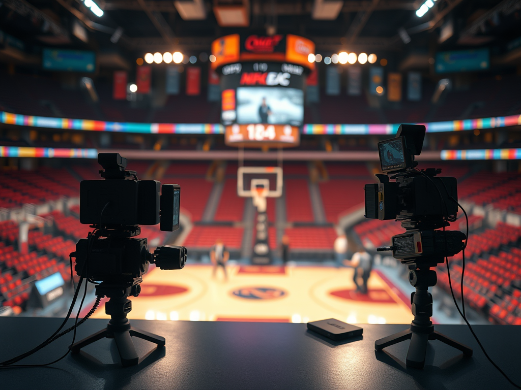 An AI-generated image showing two video camera set up in a press box with an empty basketball arena in the background.