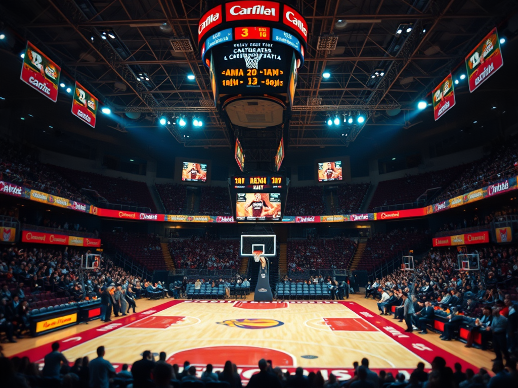 A darkened basketball arena with crowds filling the stands. There are no players on the court, but people are looking expectantly toward the tunnel to the locker rooms.